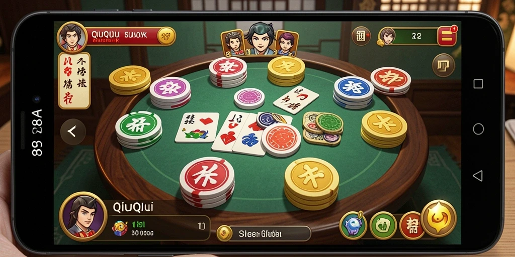 Screenshot gameplay QiuQiu menampilkan kartu dan pemain berkompetisi.