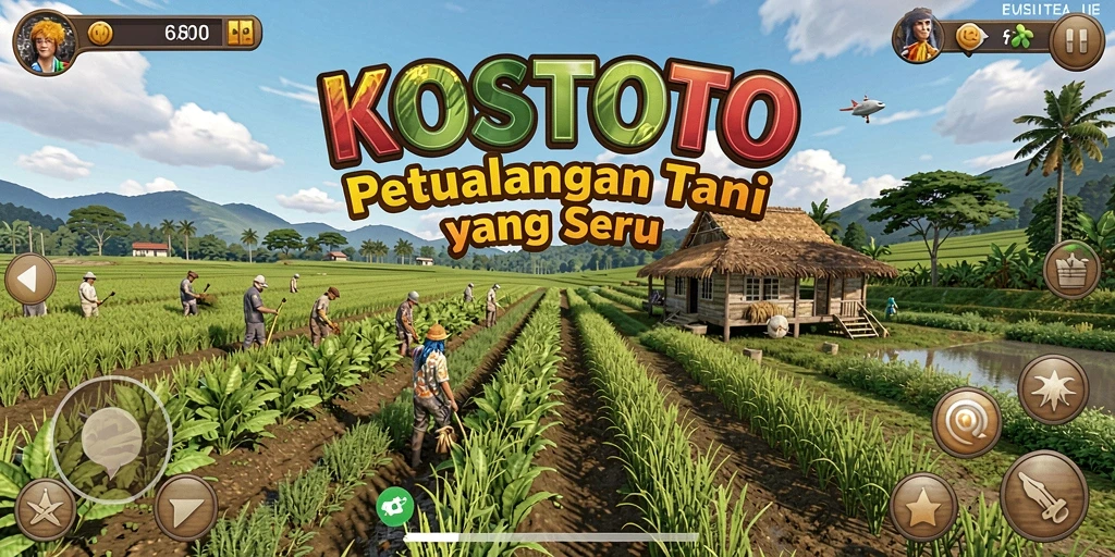 Tampilan gameplay KOSTOTO menunjukkan aktivitas seru di ladang pertanian.