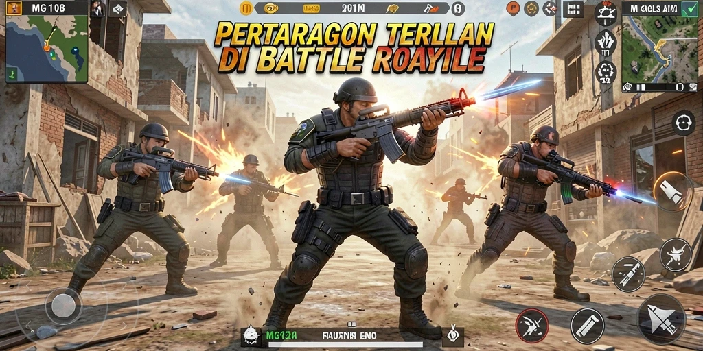 Screenshot utama MG108 menampilkan aksi mendebarkan di arena Battle Royale.